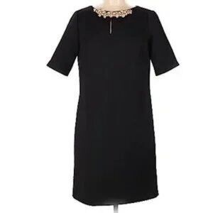 Tahari ASL Career Dress Black Embellished Goldtone Floral Neckline LBD Size 8